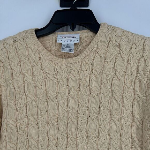 Vintage Talbots Cable Knit Sweater Beige Chunky Knit Cotton Size PP Petite - Picture 2 of 9